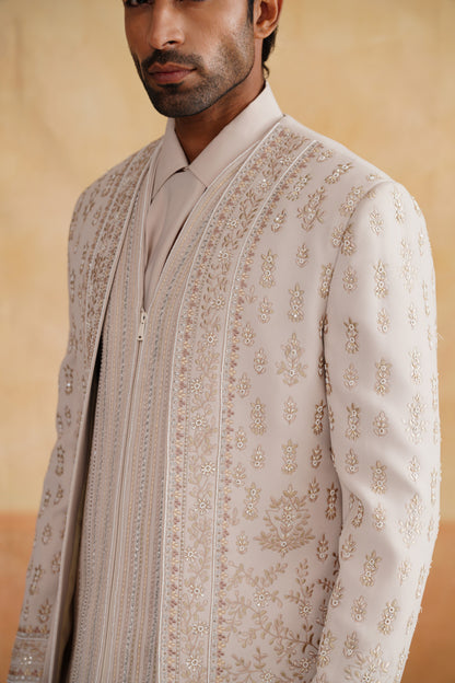 Cream Indowester with Pearl and Thread Embroidery on Italian Fabric