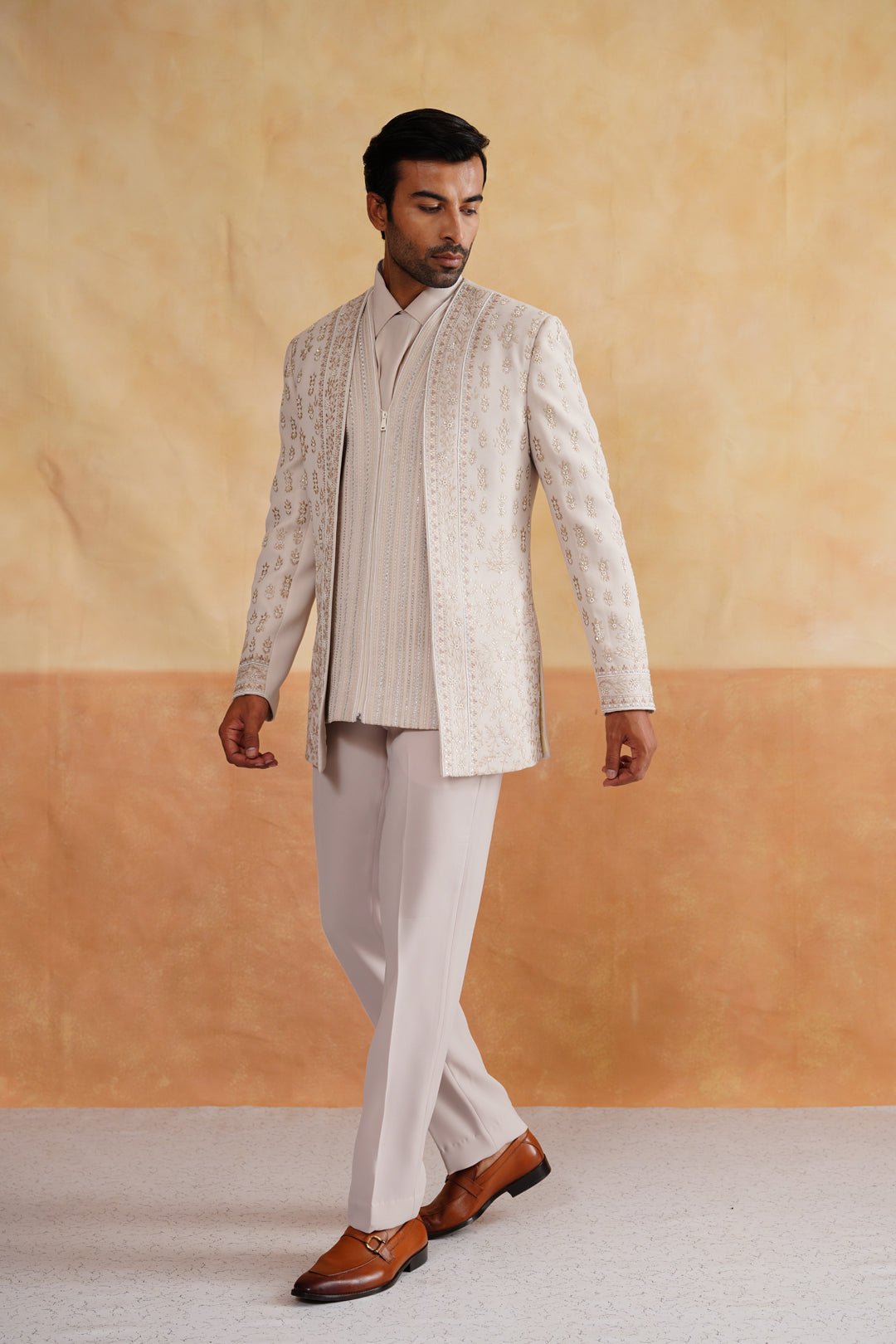 Cream Indowestern Handwork with Pearl and Thread Embroidery on Italian Fabric