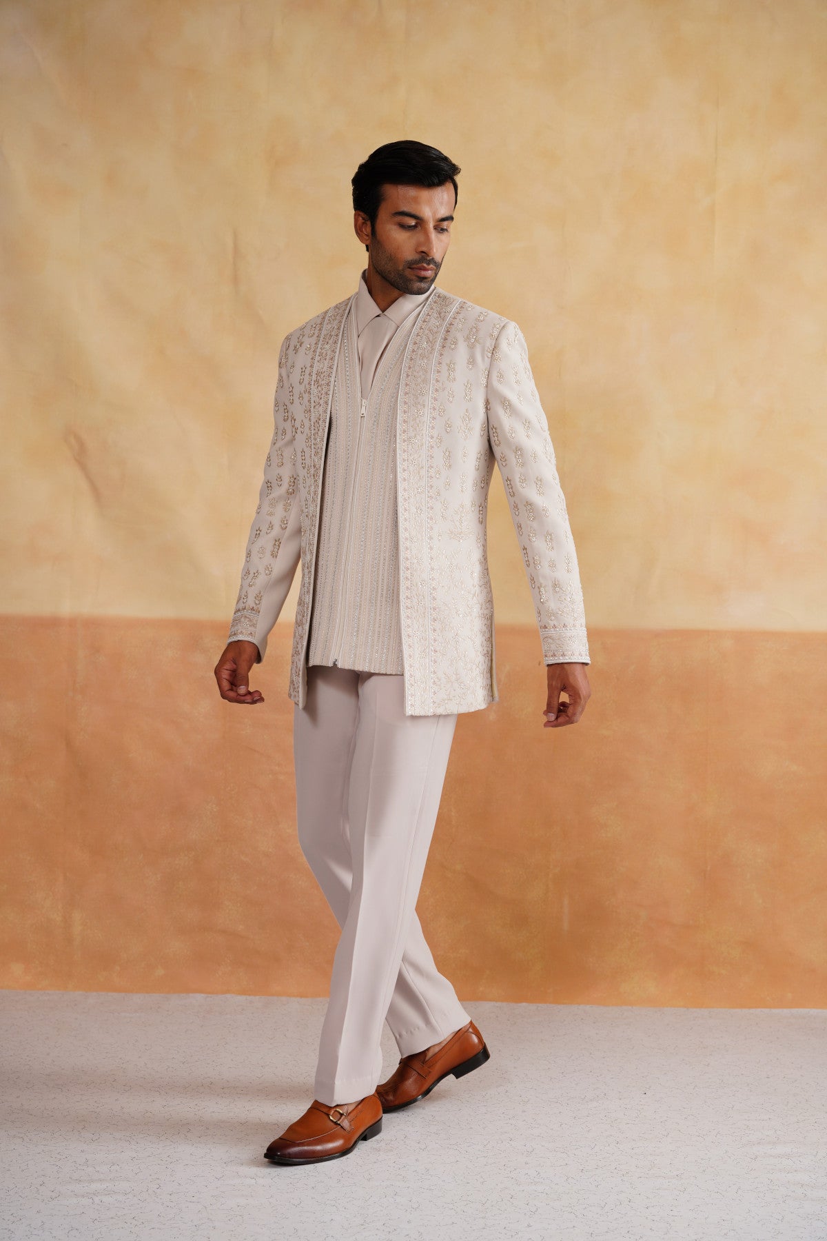 Cream Indowester with Pearl and Thread Embroidery on Italian Fabric