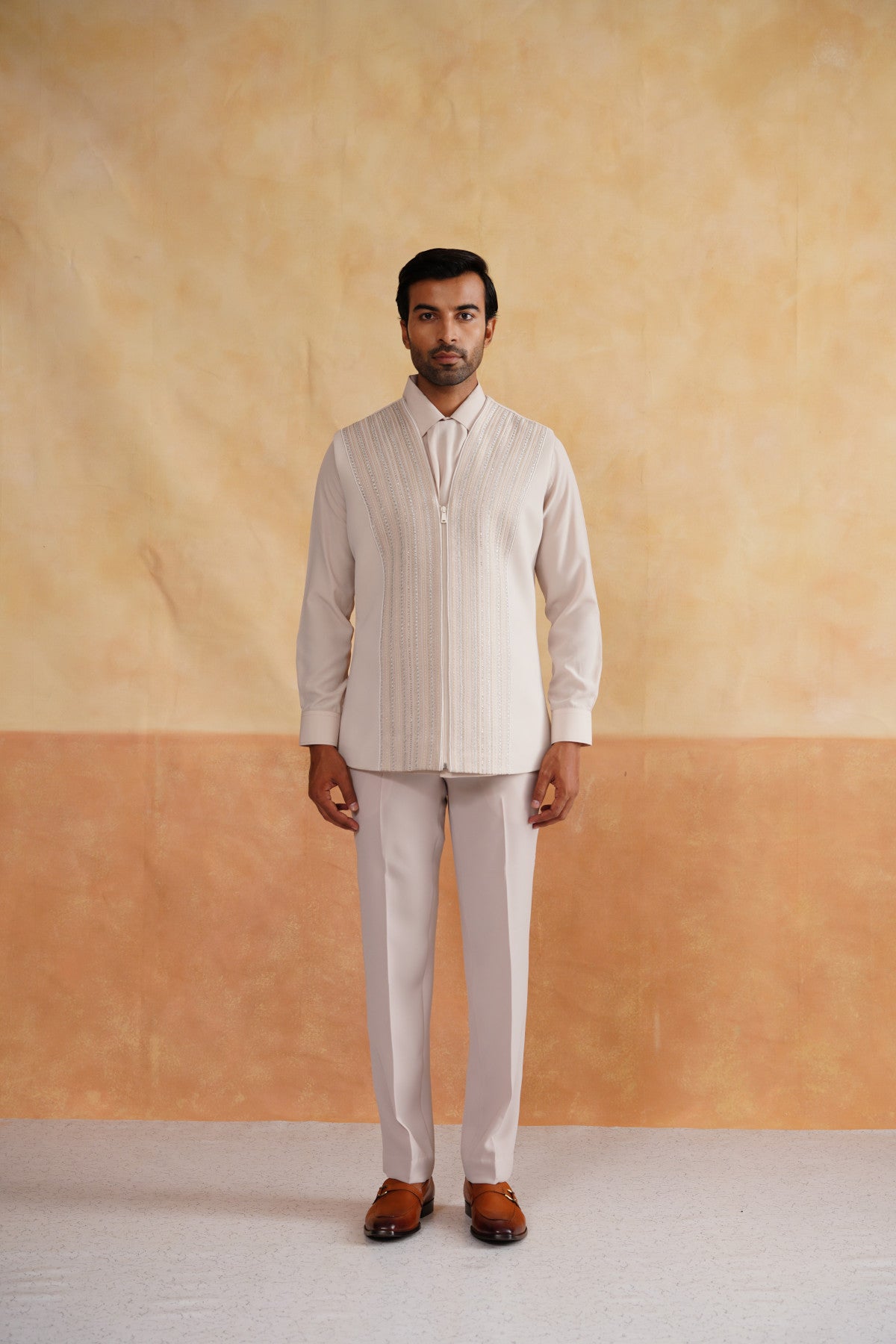 Cream Indowester with Pearl and Thread Embroidery on Italian Fabric