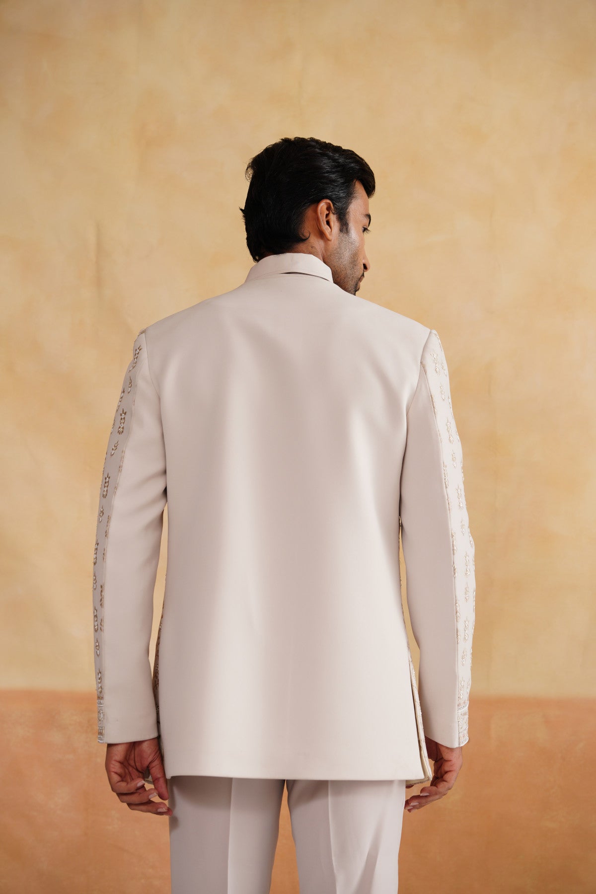 Cream Indowester with Pearl and Thread Embroidery on Italian Fabric