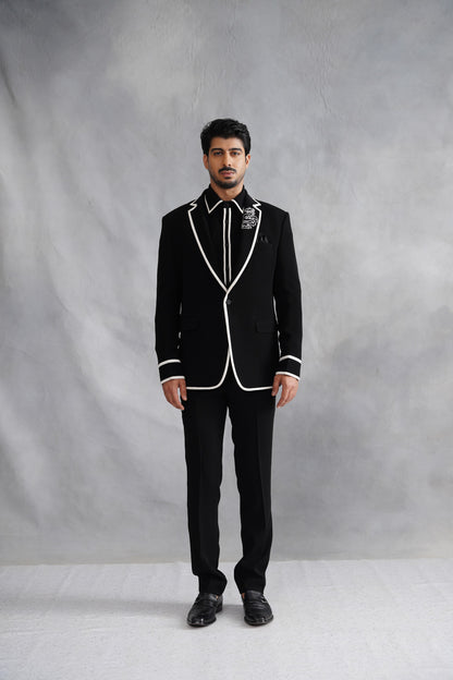 Black Tuxedo Suit with White Contrast Piping & Motif