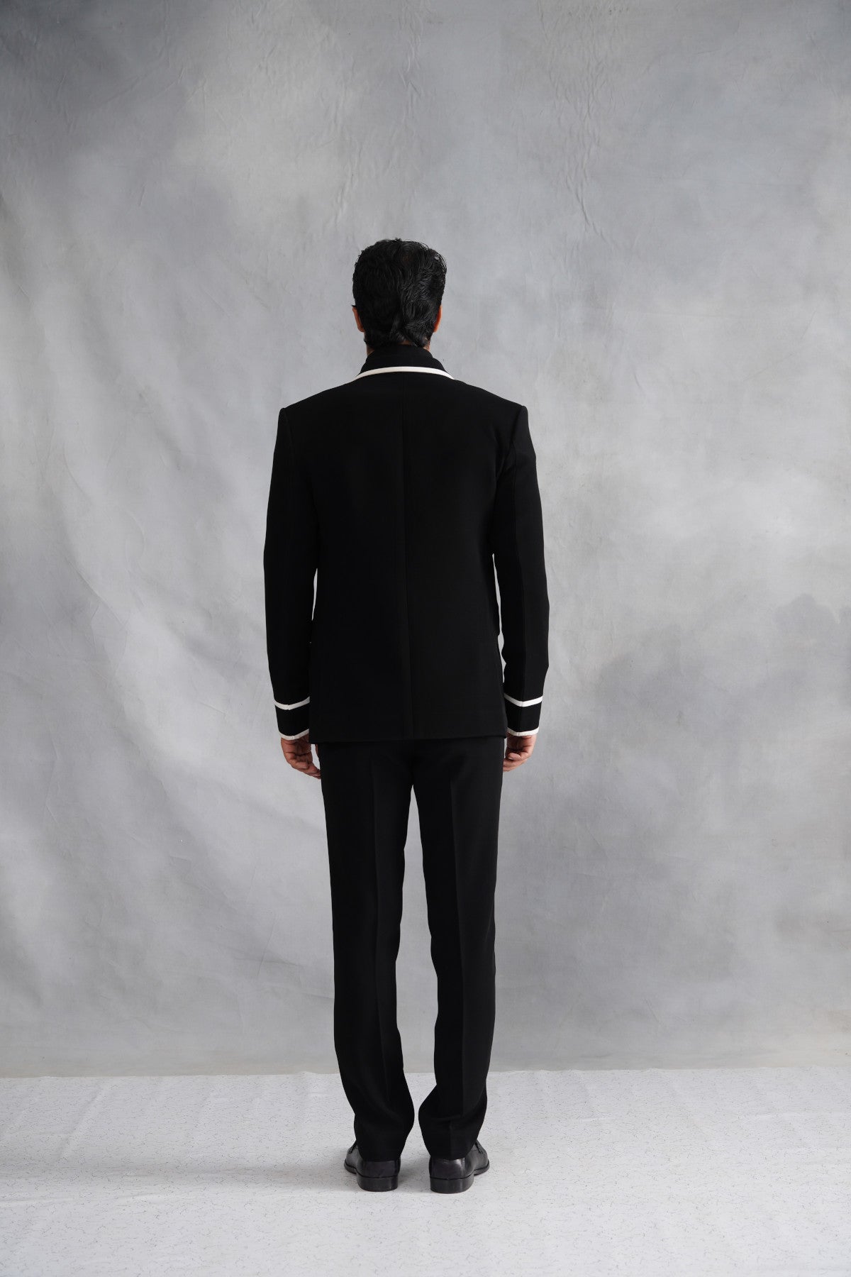 Black Tuxedo Suit with White Contrast Piping & Motif