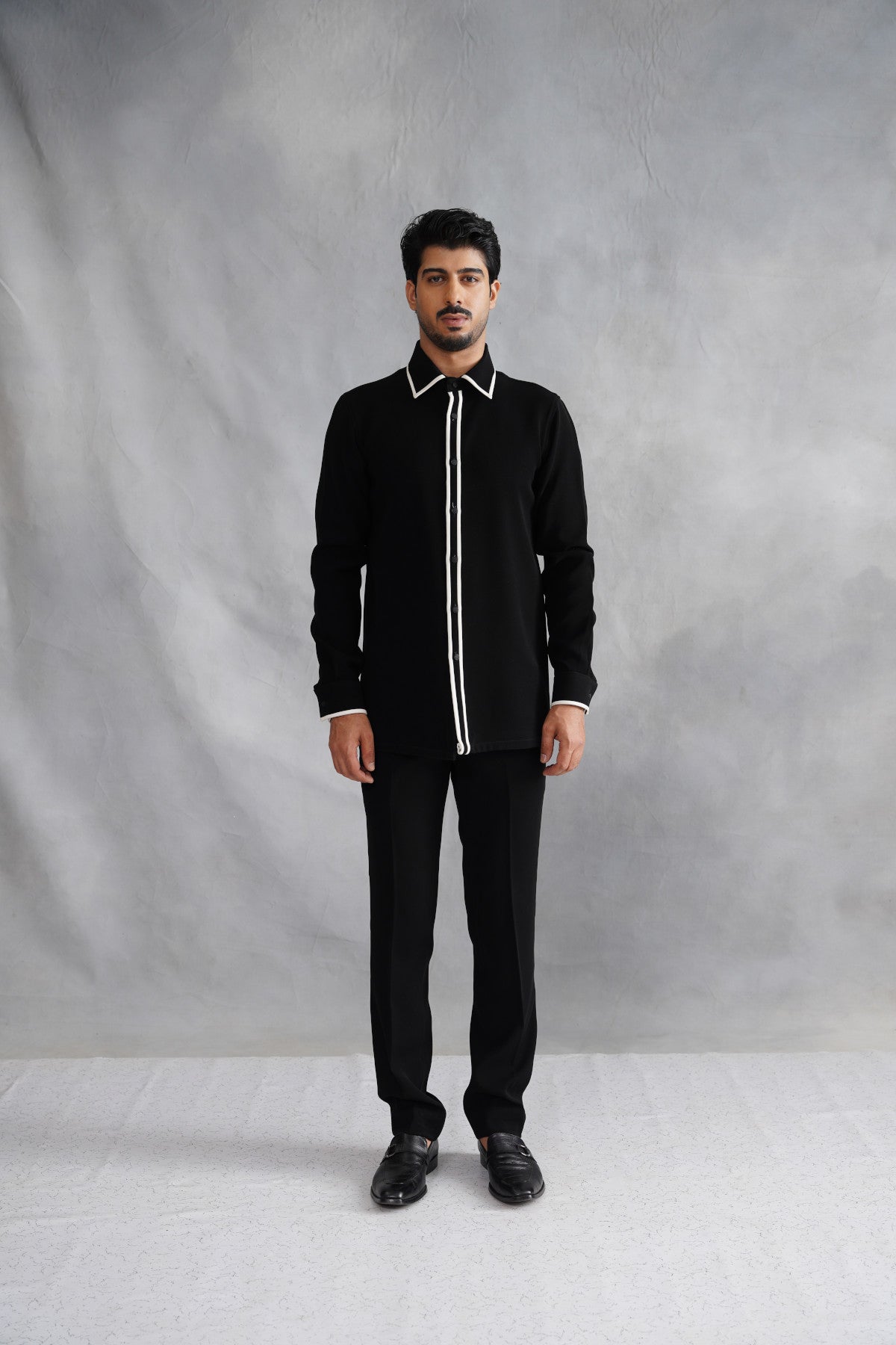 Black Tuxedo Suit with White Contrast Piping & Motif