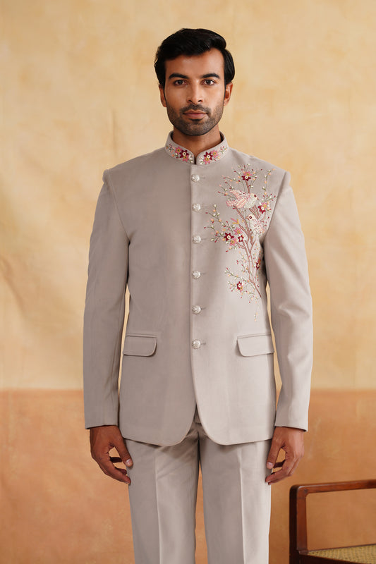 Light Grey Thread Embroidery Bandhgala on suede