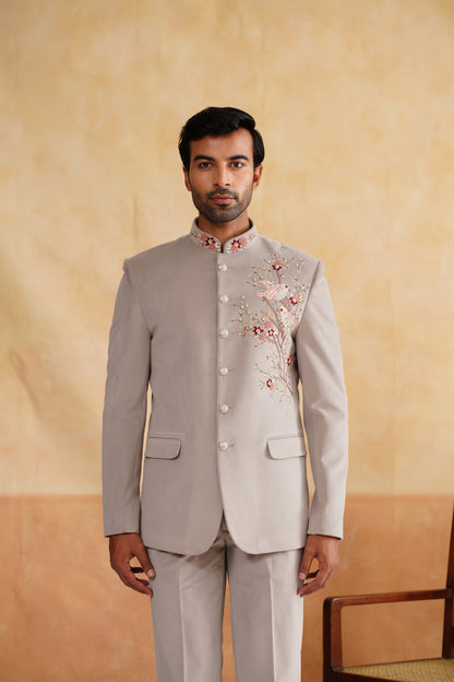 Light Grey Thread Embroidery Bandhgala on Suede