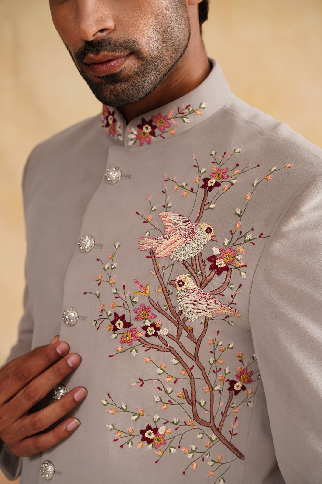 Light Grey Thread Embroidery Bandhgala on suede