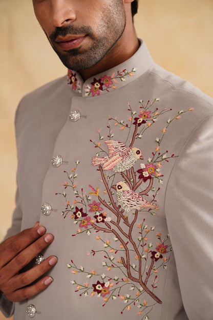 Light Grey Thread Embroidery Bandhgala on suede