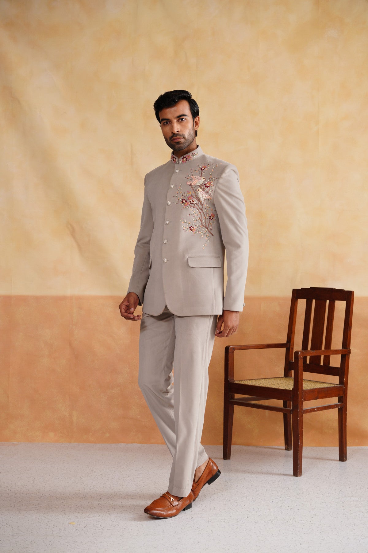 Light Grey Thread Embroidery Bandhgala on Suede