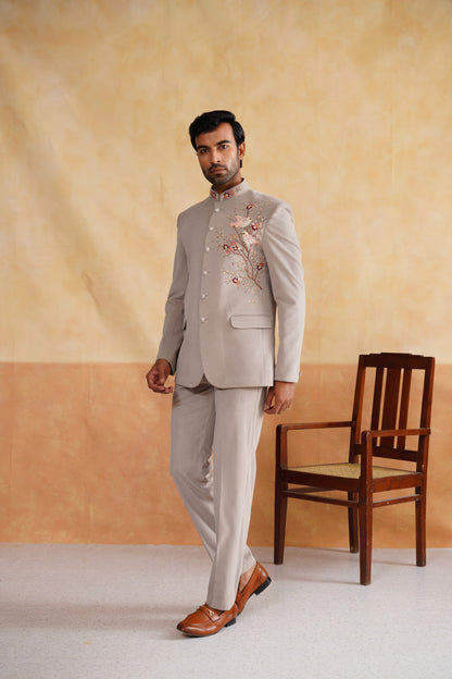 Light Grey Thread Embroidery Bandhgala on Suede