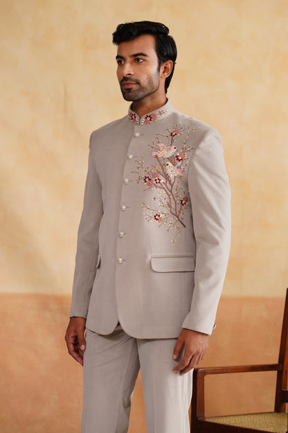 Light Grey Thread Embroidery Bandhgala on suede