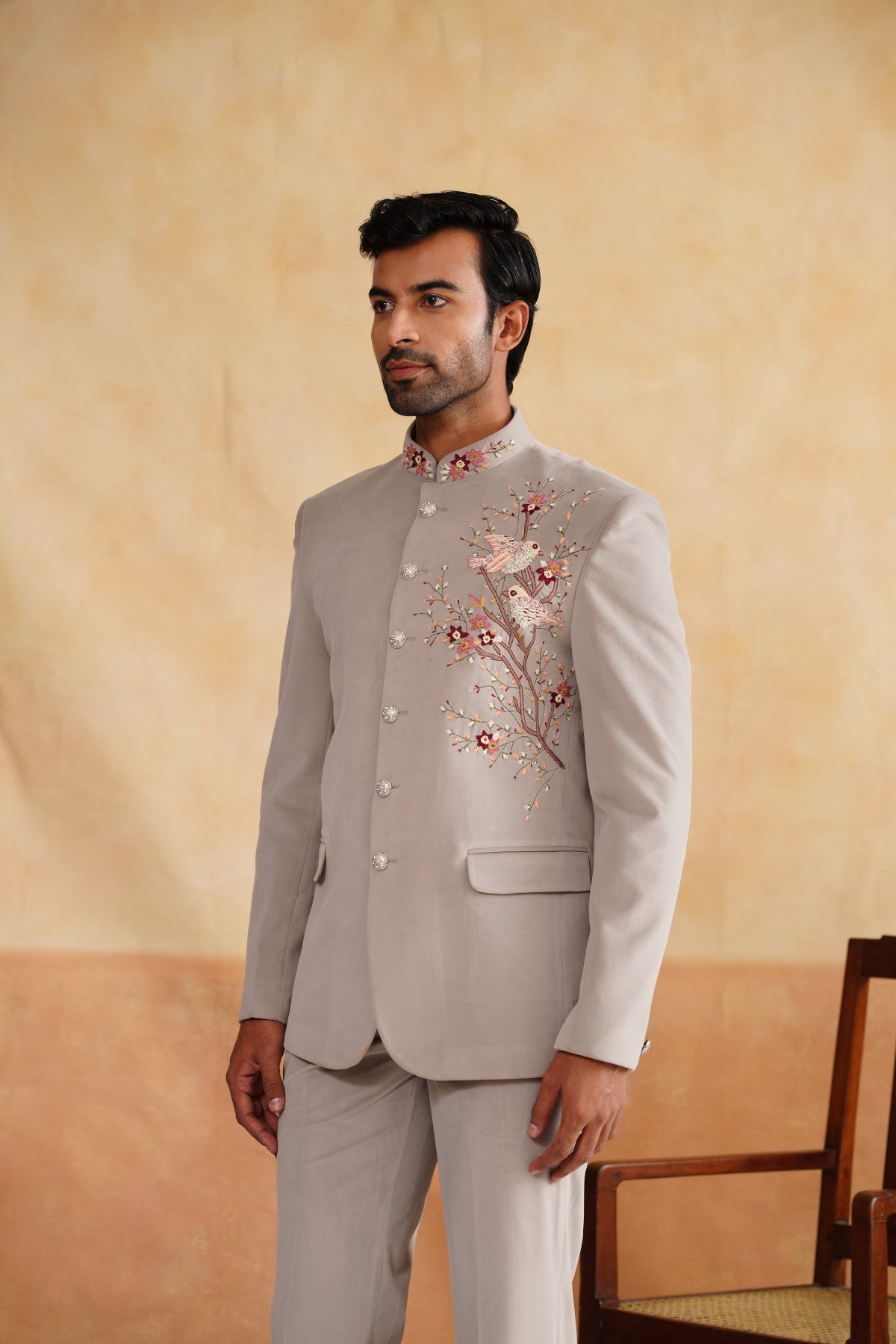 Light Grey Thread Embroidery Bandhgala on Suede