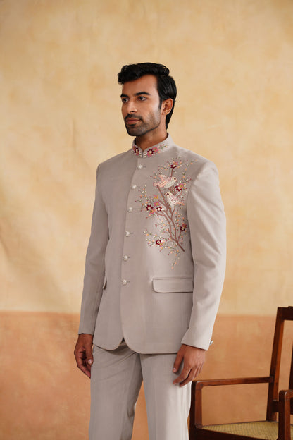 Light Grey Thread Embroidery Bandhgala on Suede