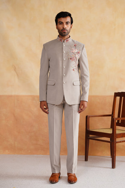 Light Grey Thread Embroidery Bandhgala on suede