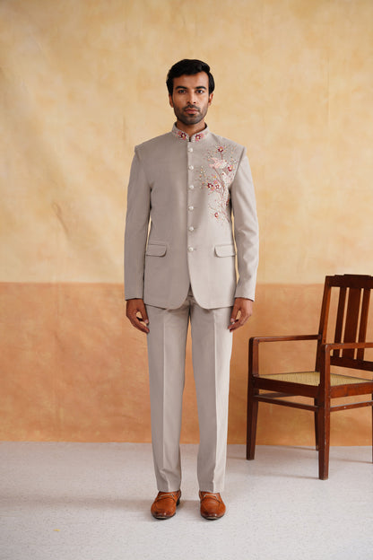 Light Grey Thread Embroidery Bandhgala on Suede
