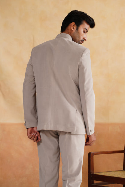 Light Grey Thread Embroidery Bandhgala on suede