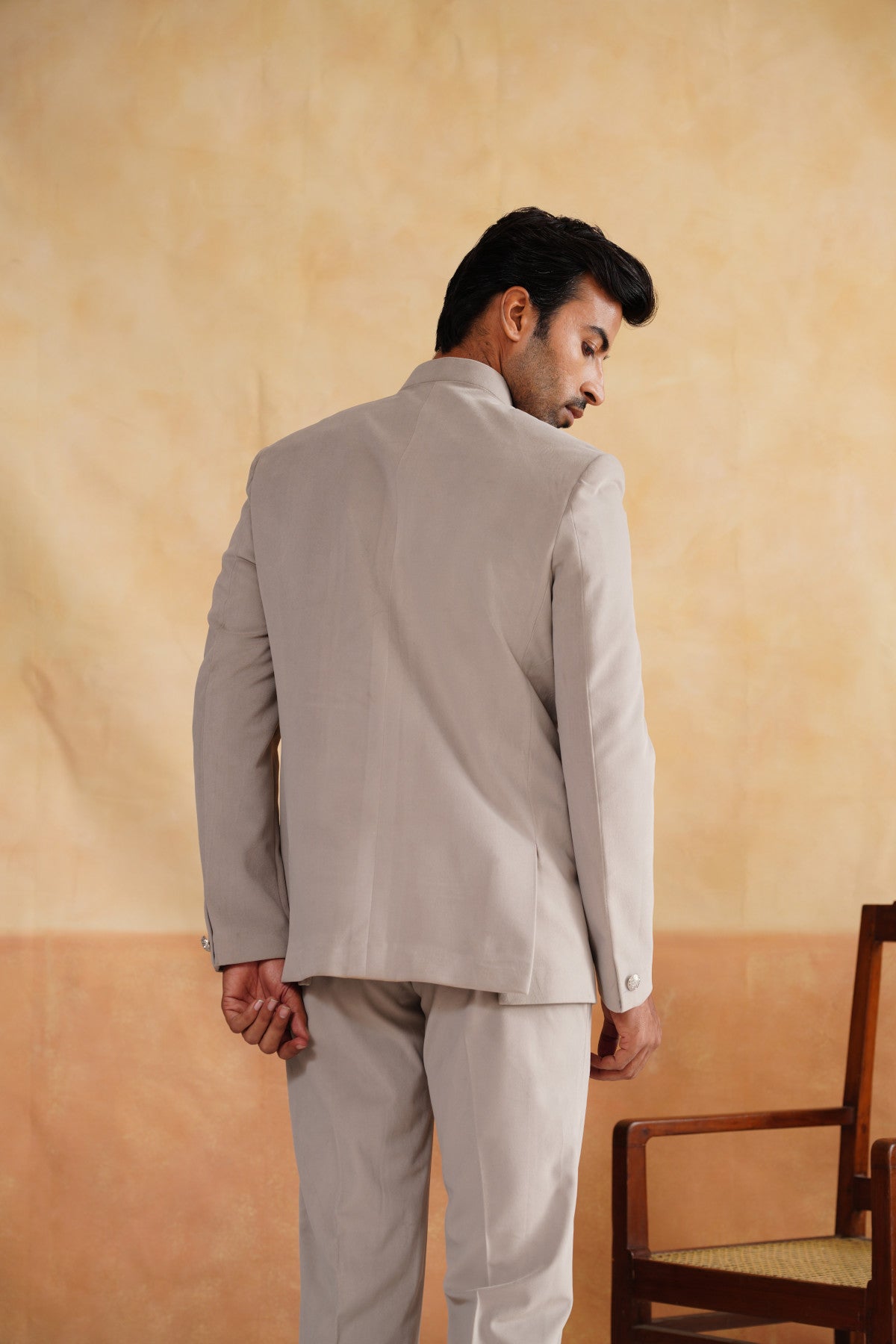 Light Grey Thread Embroidery Bandhgala on Suede