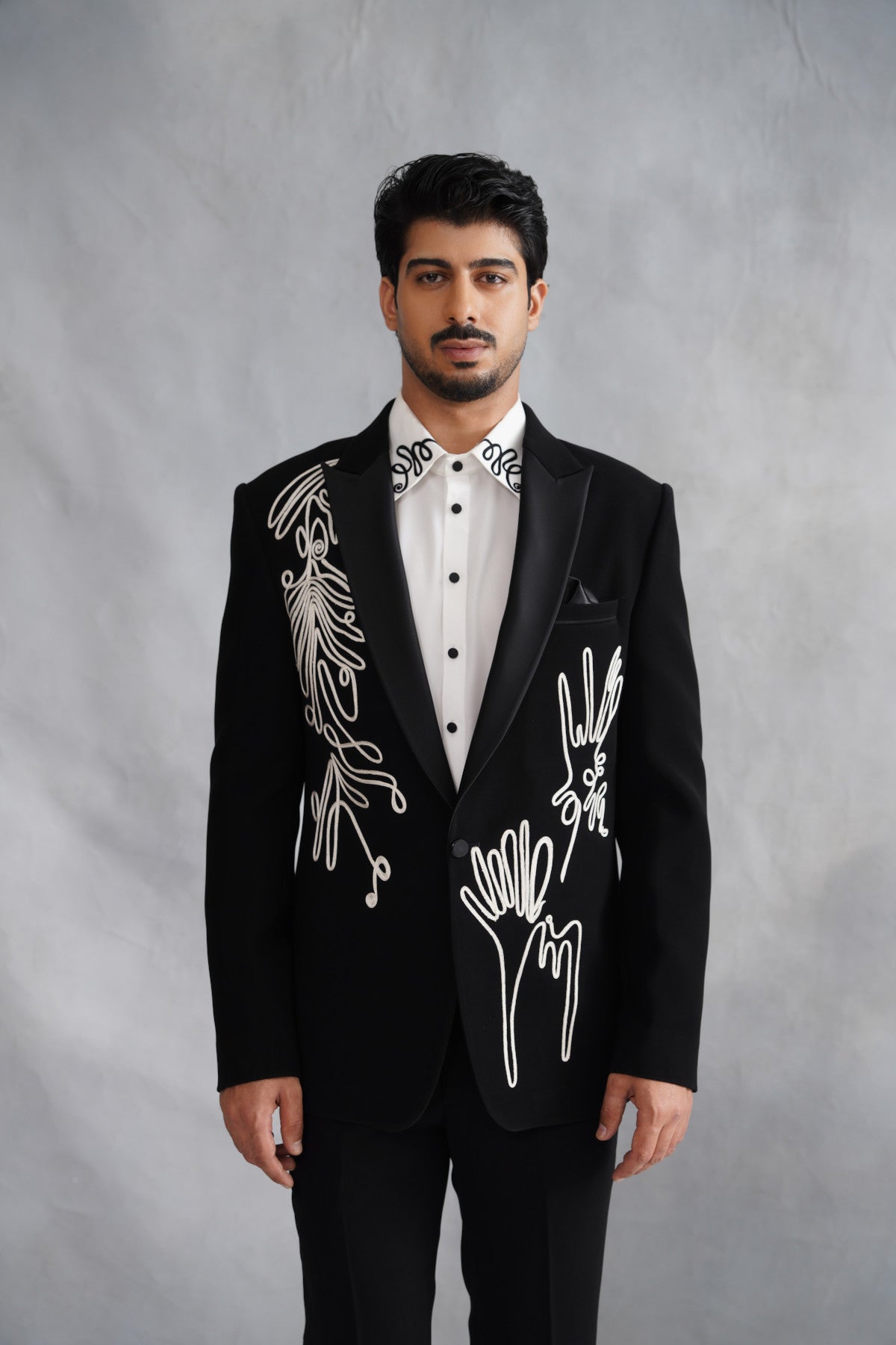 Black Tuxedo Suit with Abstract Continuous Line Art Embroidery