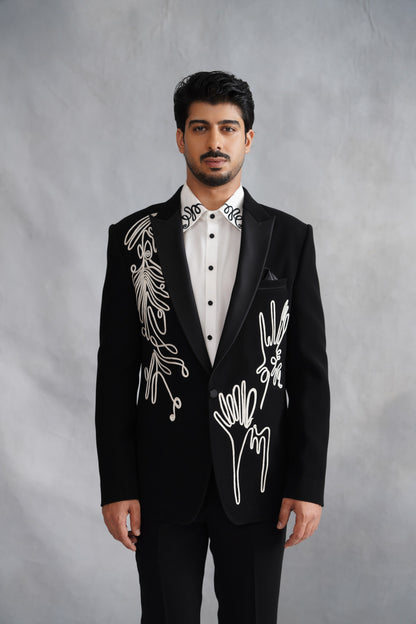 Black Tuxedo Suit with Abstract Continuous Line Art Embroidery