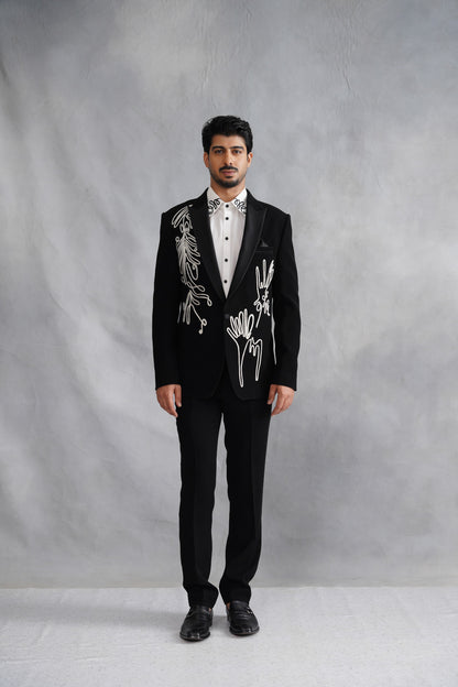 Black Tuxedo Suit with Abstract Continuous Line Art Embroidery