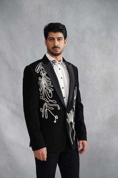 Black Tuxedo Suit with Abstract Continuous Line Art Embroidery
