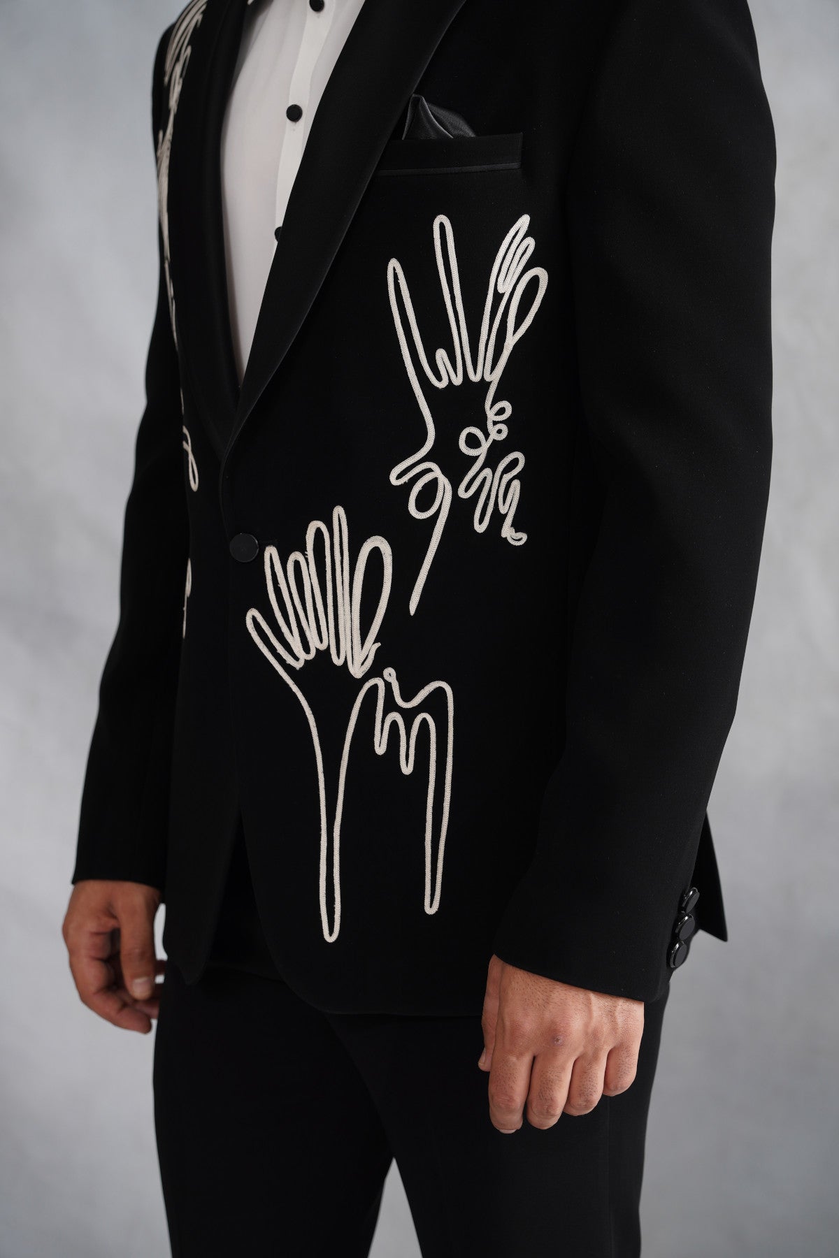 Black Tuxedo Suit with Abstract Continuous Line Art Embroidery