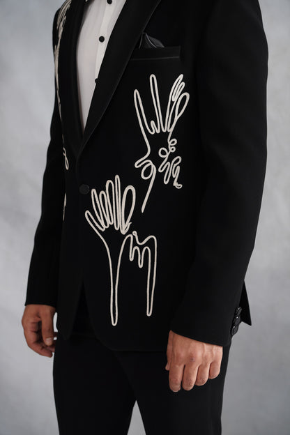 Black Tuxedo Suit with Abstract Continuous Line Art Embroidery