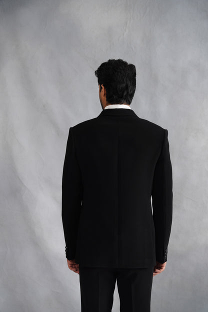 Black Tuxedo Suit with Abstract Continuous Line Art Embroidery