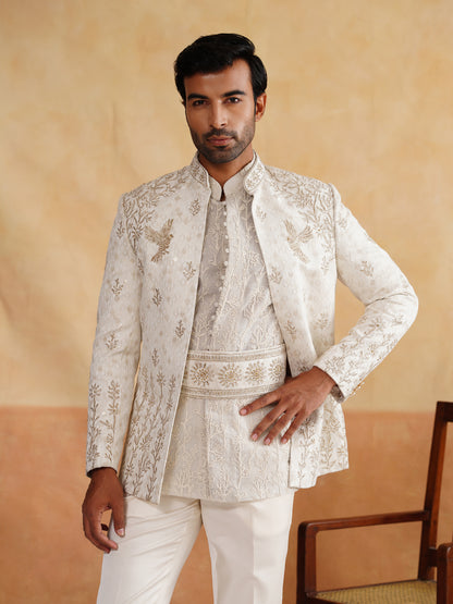 White Pitta Hand Work Indowestern on Silk