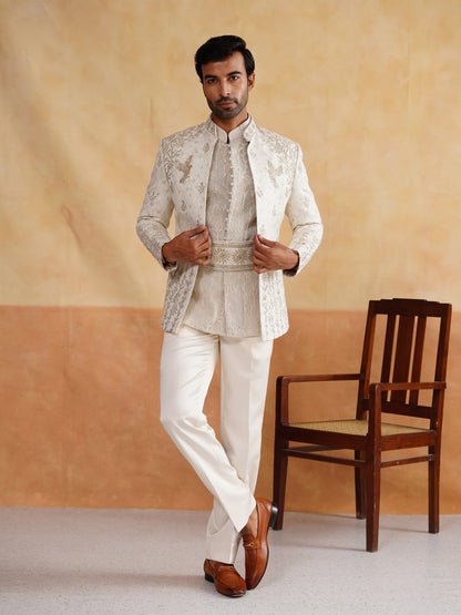 White Pitta Hand Work Indowestern on Silk
