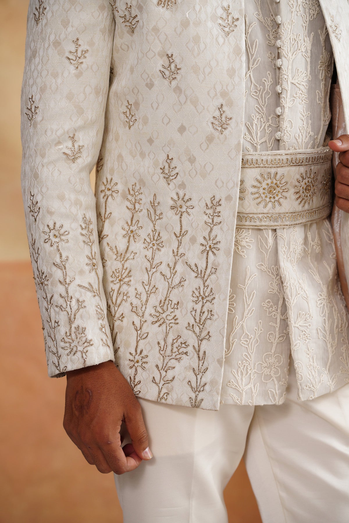 Shop white silk fabric indo western
