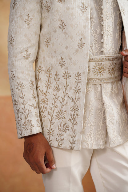 Shop white silk fabric indo western
