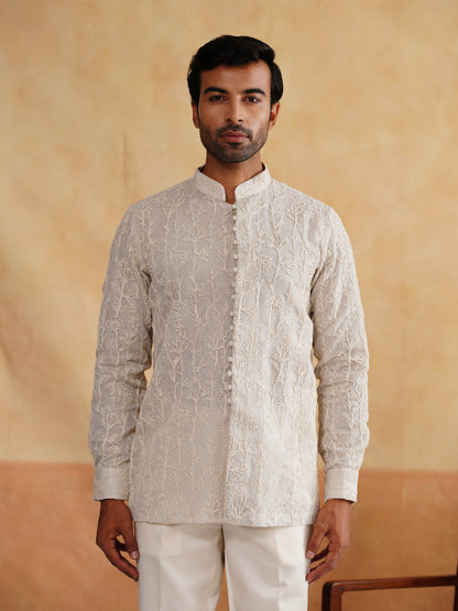 White Pitta Hand Work Indowestern on Silk