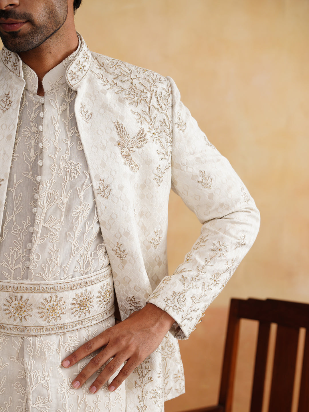 White Pitta Hand Work Indowestern on Silk