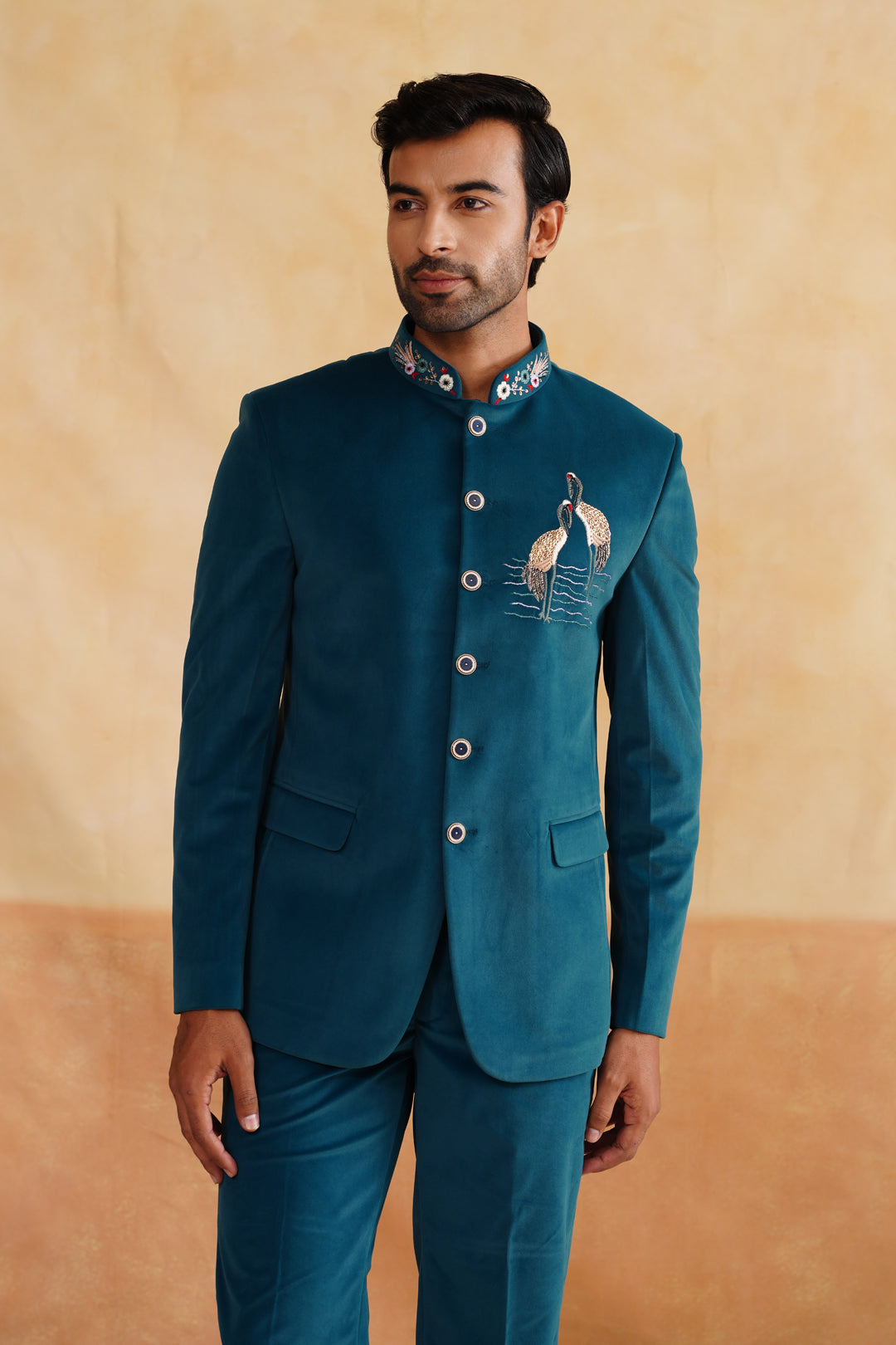 Light Teal Hand Embroidered Bandhgala on Suede