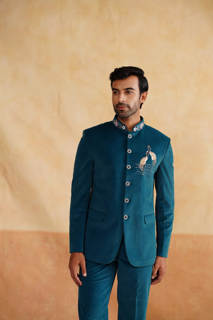 Teal Bandhgala With Embroidered Motif on Suede