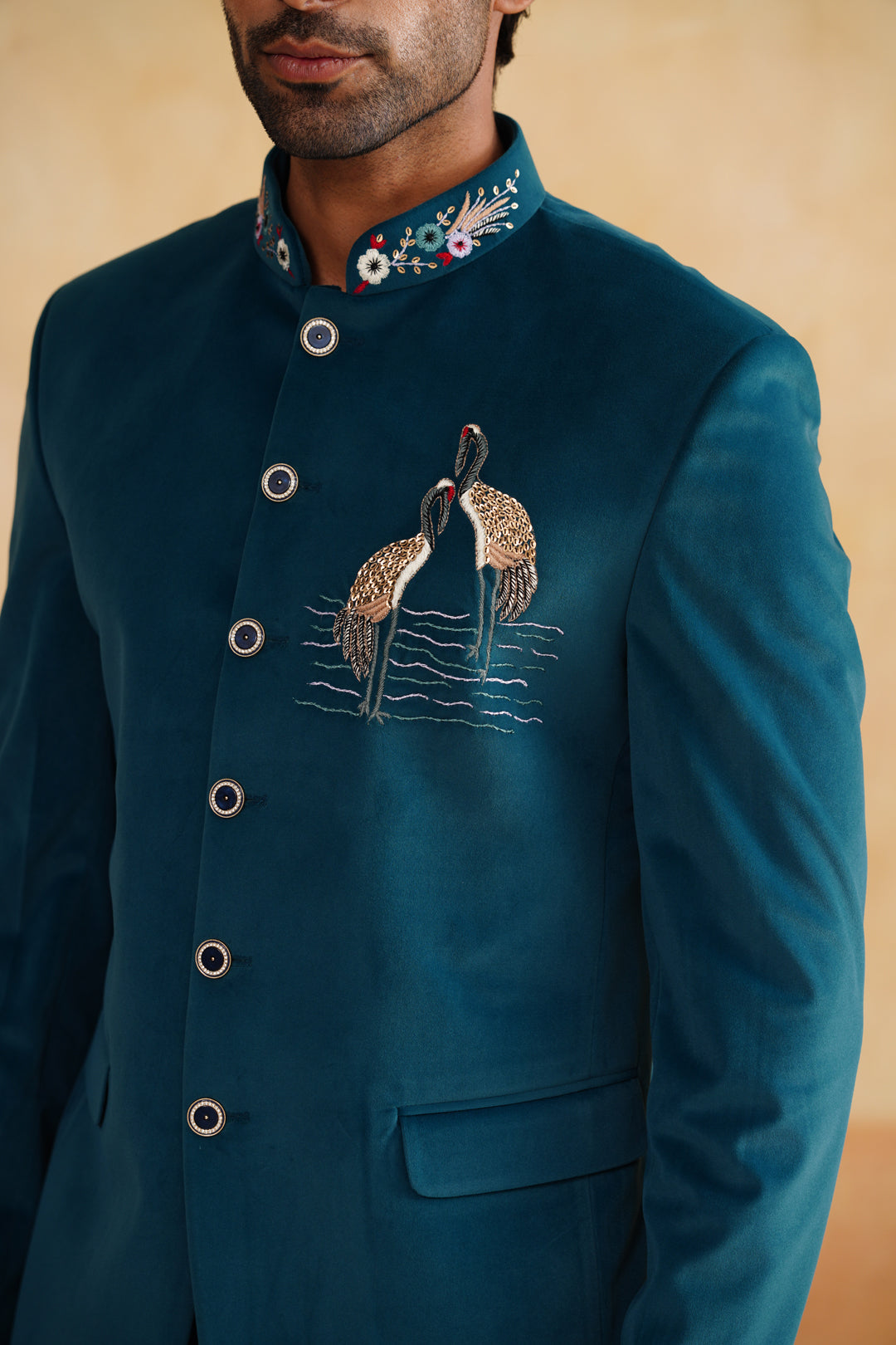 Light Teal Hand Embroidered Bandhgala on Suede