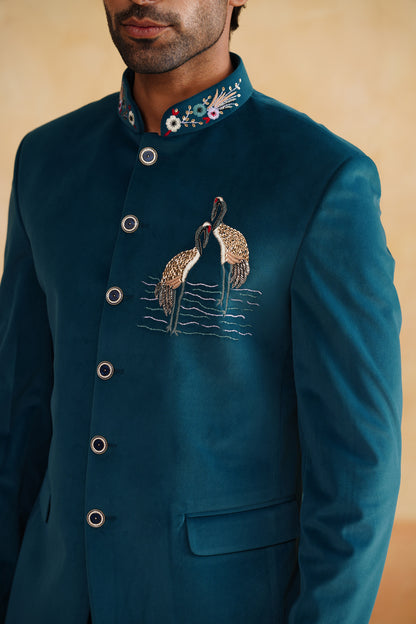 Light Teal Hand Embroidered Bandhgala on Suede