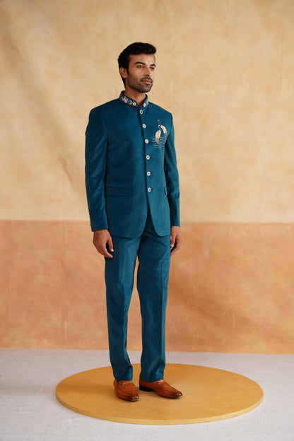 Teal Bandhgala With Embroidered Motif on Suede