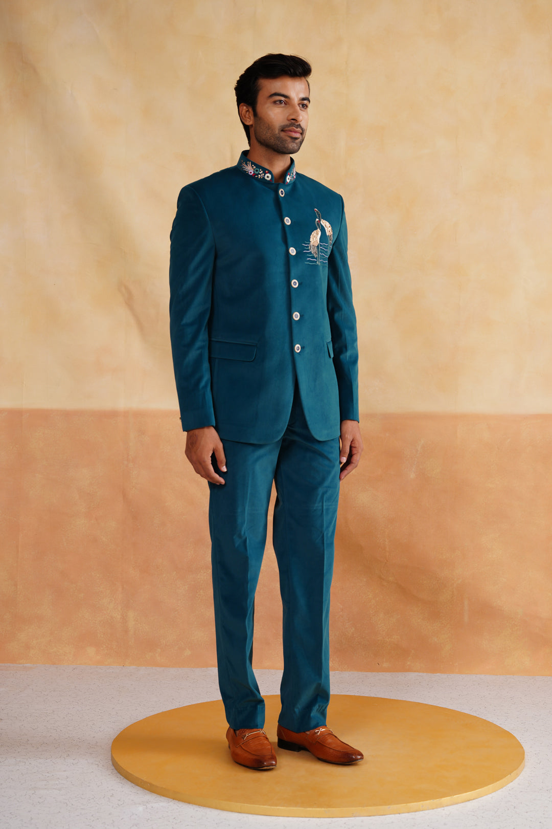 Light Teal Hand Embroidered Bandhgala on Suede