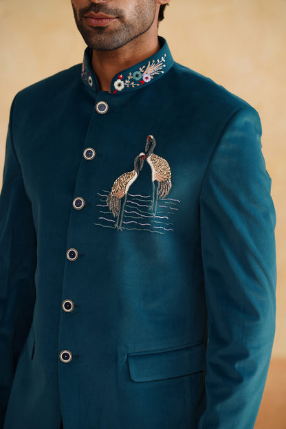 Teal Bandhgala With Embroidered Motif on Suede