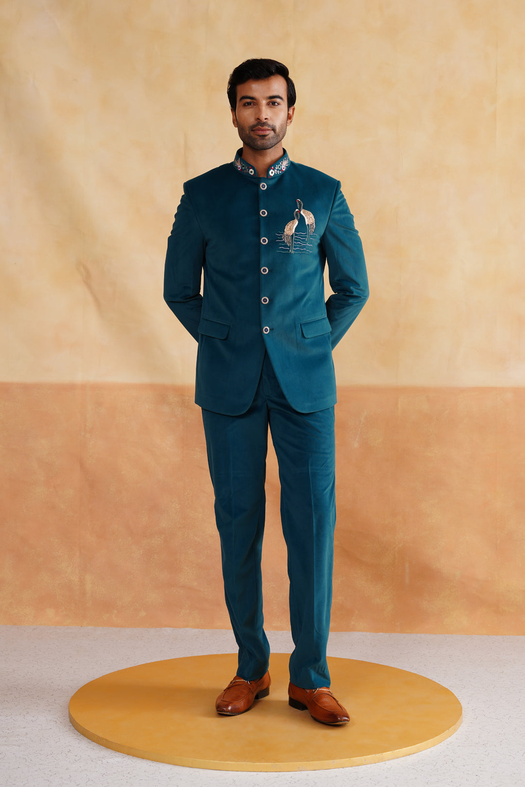 Light Teal Hand Embroidered Bandhgala on Suede