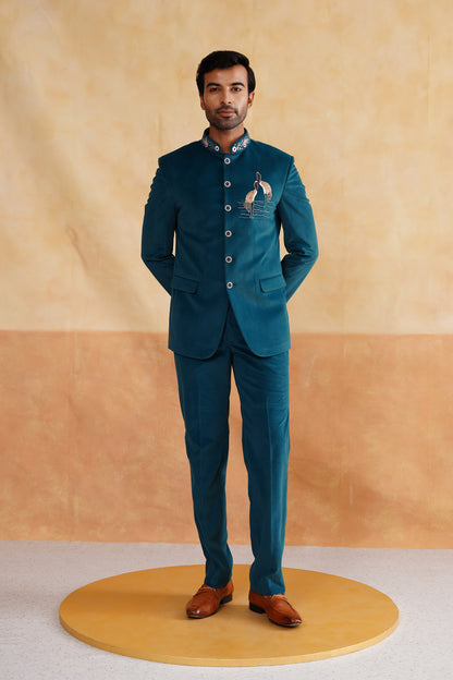 Light Teal Hand Embroidered Bandhgala on Suede