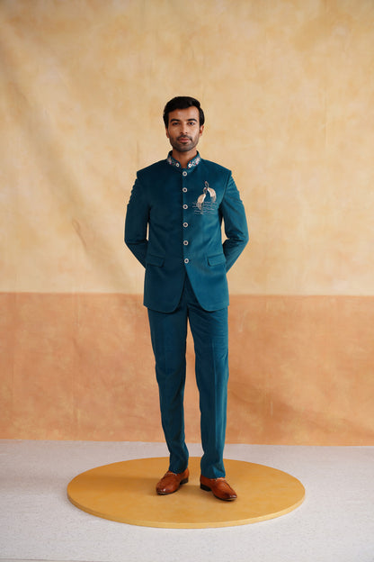 Teal Bandhgala With Embroidered Motif on Suede