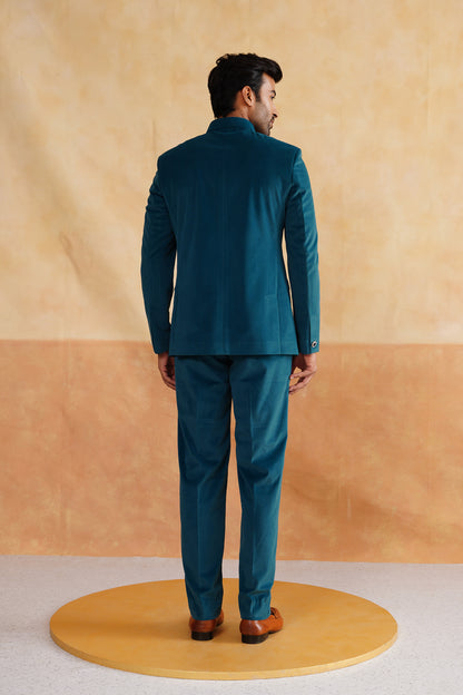 Light Teal Hand Embroidered Bandhgala on Suede