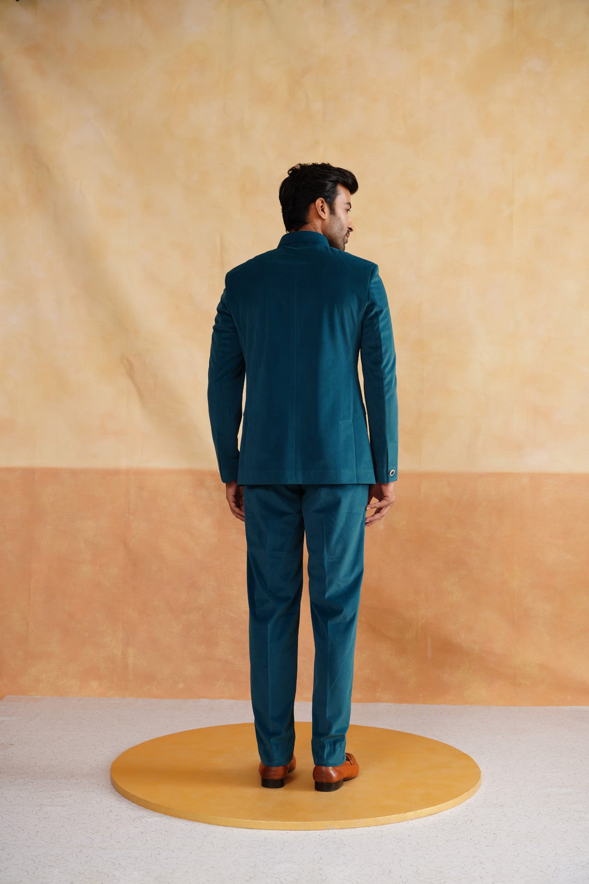 Teal Bandhgala With Embroidered Motif on Suede