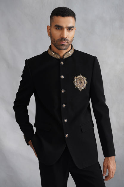 Black Hand Embroidered Bandhgala on Italian Fabric