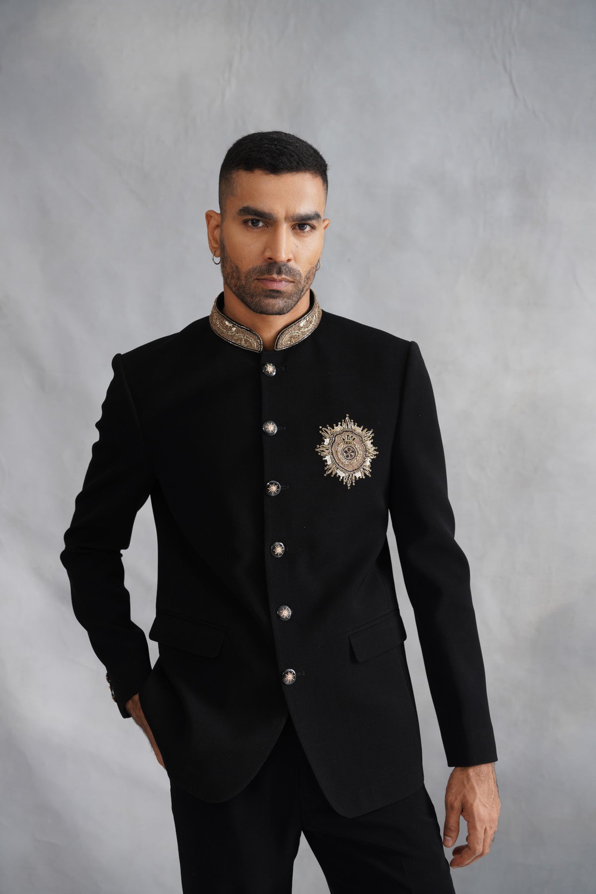 Black Bandhgala With Embroidered Motif on Suiting Fabric