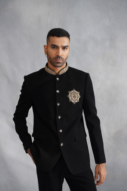 Black Bandhgala With Embroidered Motif on Suiting Fabric