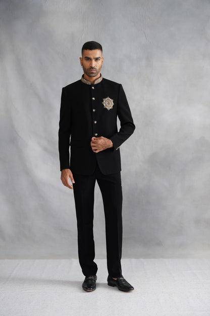 Black Bandhgala With Embroidered Motif on Suiting Fabric